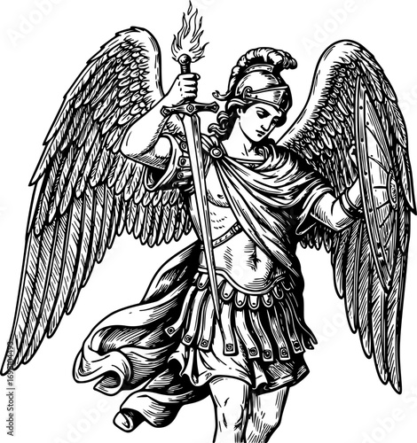 Vintage Black and White Engraving of Archangel Michael Holding Sword – Religious Christian Angel Illustration