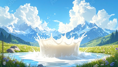 Milk splash in idyllic mountain landscape