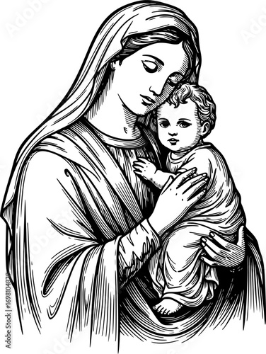 Vintage Engraving of Virgin Mary Holding Baby Jesus – Black and White Religious Icon, Sacred Christian Art, Round Logo Illustration