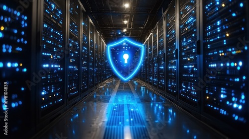 Data center security; glowing shield symbolizes protection amidst server racks