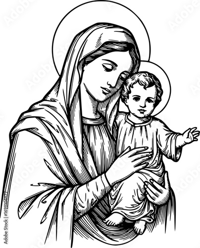 Vintage Engraving of Virgin Mary Holding Baby Jesus – Black and White Religious Icon, Sacred Christian Art, Round Logo Illustration