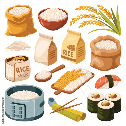 Collection of rice products and sushi in a flat design style Keywords: rice, rice bag, rice bowl