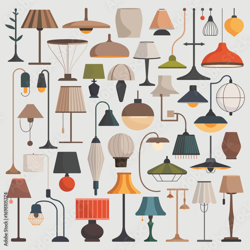 Collection of various floor and table lamps in different styles and colors Keywords: lamps