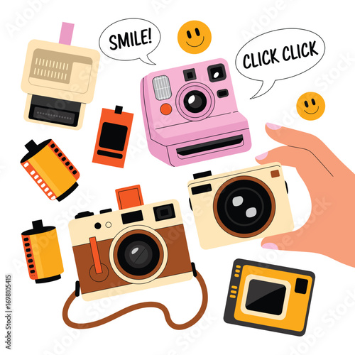 Collection of vintage cameras and film rolls with hand and smiley faces Keywords: cameras