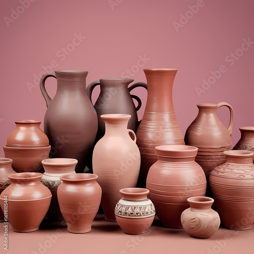 Neutral Clay Pottery Collection on Dusty Rose Background  