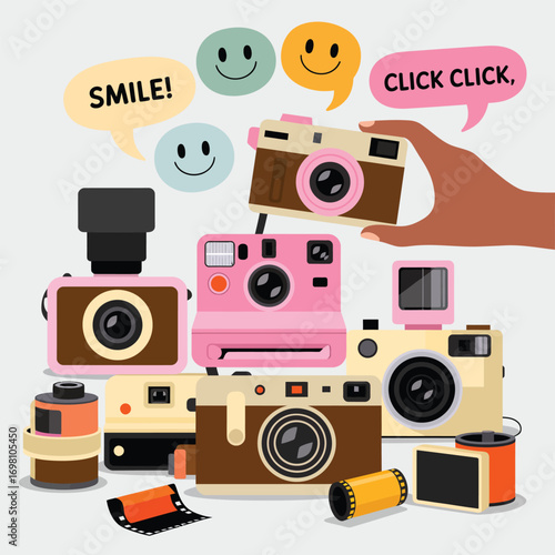 Collection of vintage cameras and film rolls with speech bubbles photography retro