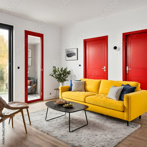 Modern Living Room Interior with Yellow Sofa and Red Door  