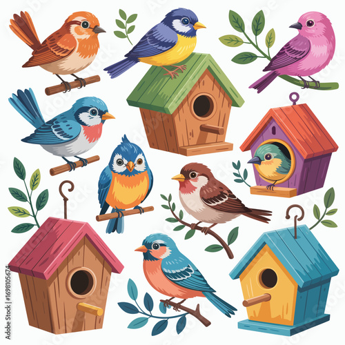 Colorful birds perched on and around whimsical birdhouses nature