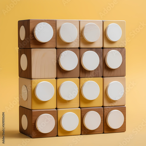 Nine White Dots in Wooden Block Against Yellow Background  
