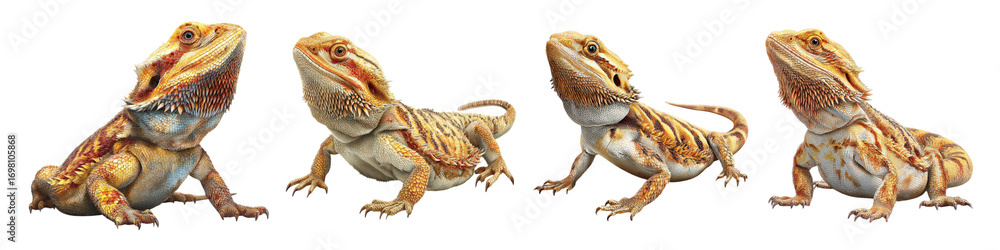 Obraz premium Four Bearded Dragons Showcasing Their Unique Features and Colors isolated on transparent background.