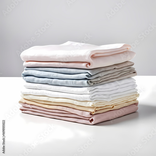 Pastel Folded Linen Stack on White Table  