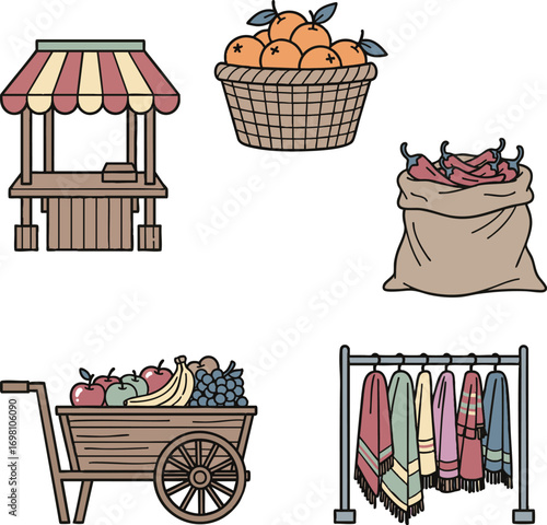 Handdrawn market stall with fresh produce and textiles offers a charming and rustic shopping experience in a vibrant outdoor setting.