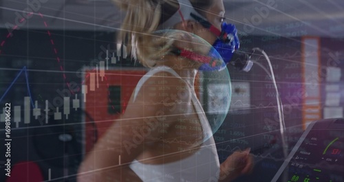 Bild auf Leinwand Running female wearing white sports top on treadmill in lab, with metabolic mask