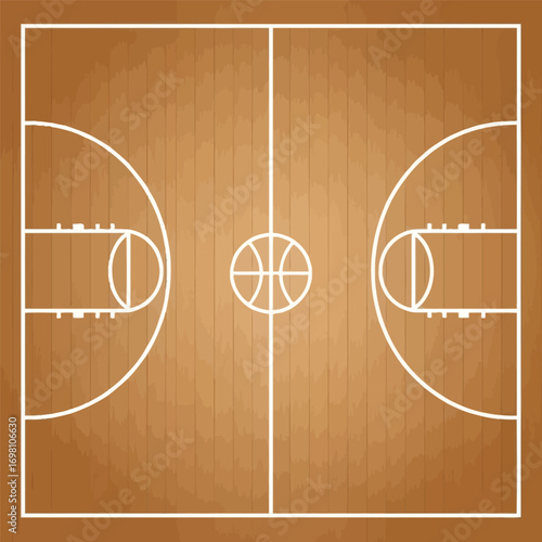 Overhead view of a basketball court with wood flooring and white lines
