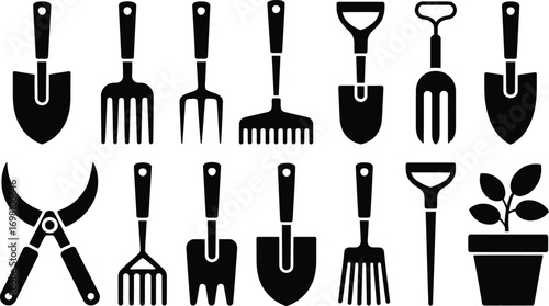 Gardening Tool Silhouette Set ? Black Vector Icons of Trowels, Forks, Rakes, Pruning Shears, Dibber, and Potted Plant for Horticulture and Landscaping Designs
