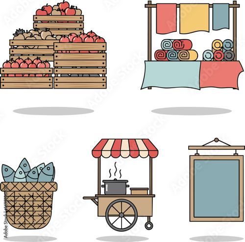Various market stalls selling fresh produce, towels, fish, and hot food on a bright sunny day, creating a vibrant and bustling atmosphere.