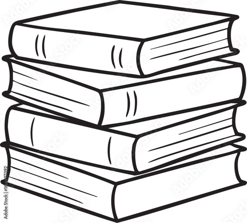 Stack of Hardcover Books Line Art Vector in Black and White with Tilted Arrangement for Education, Literature, and Study Themes