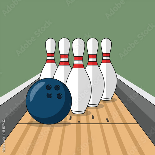 Bowling ball and pins on the lane, ready for a strike, indoor sport