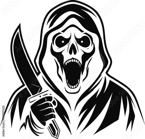 Halloween ghostface killer in black robe holding a knife vector illustration.