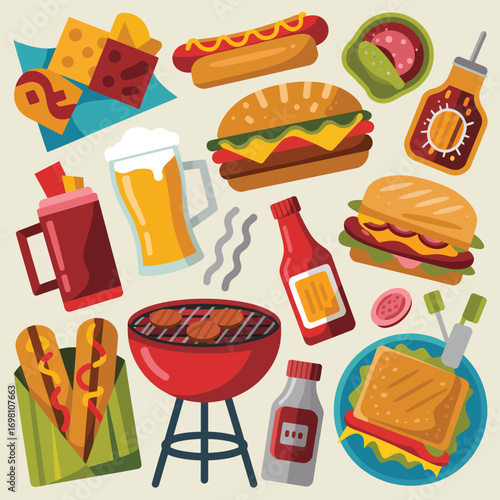 Delicious barbecue food and drinks spread on a light background Keywords: barbecue, food, hot