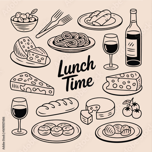Delicious lunch spread with cheese wine bread and olives Keywords: lunch, food, cheese, wine