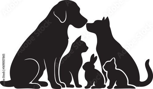 Pet Silhouette Vector with Dogs, Cats, and Rabbit Sitting Together in Black for Companionship, Diversity, and Animal Themes