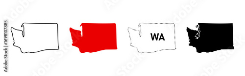 Washington map icon set. State outline, solid fill, dotted WA label sign and silhouette symbol. USA northwest region pictogram.