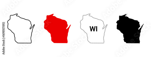 Wisconsin map icon set. State outline, solid fill, dotted WI label sign and silhouette symbol. USA midwest region pictogram.