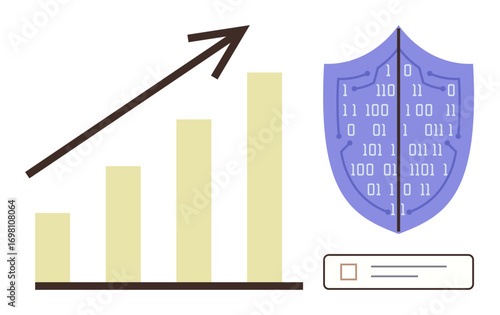Bar chart with upward arrow symbolizes growth. Digital shield with binary code represents security. Ideal for business growth, cybersecurity, technology, analytics, protection, strategy, simple flat