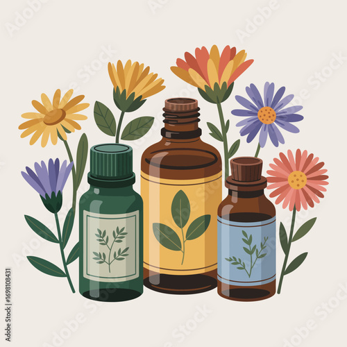 Essential oil bottles with blooming flowers and leaves Keywords: essential oils, aromatherapy