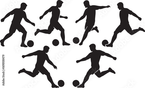Soccer Player Kicking Motion Silhouette Vector Set in Black and White for Sports Training, Fitness, and Animation Themes