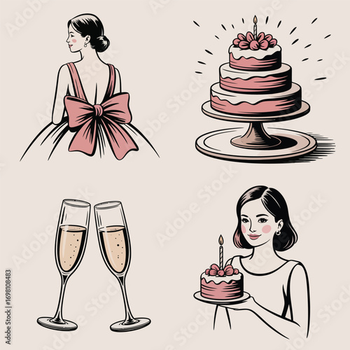 Elegant woman in a bow dress, tiered cake, champagne flutes, and woman with cake Keywords