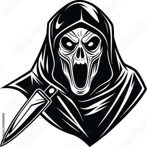 Halloween ghostface killer in black robe holding a knife vector illustration.