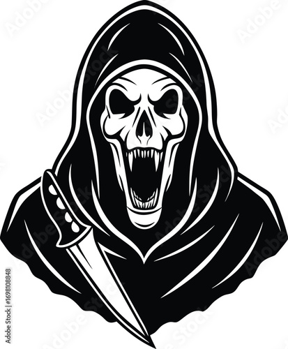 Halloween ghostface killer in black robe holding a knife vector illustration.