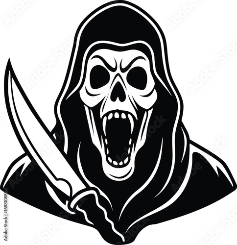 Halloween ghostface killer in black robe holding a knife vector illustration.