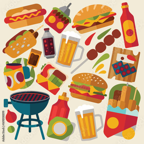 Flat design illustration of barbecue food and grill with drinks Keywords: barbecue, grill, hot