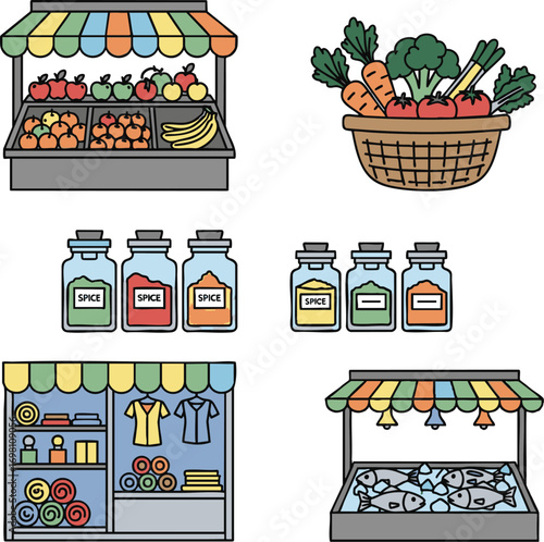 Various market stalls displaying fresh produce, spices, clothing, and fish, showcasing the diversity of goods available in a vibrant marketplace.