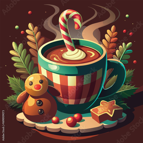 Christmas Hot Chocolate Vector Logo. A cozy holiday mug with a candy cane for the winter season