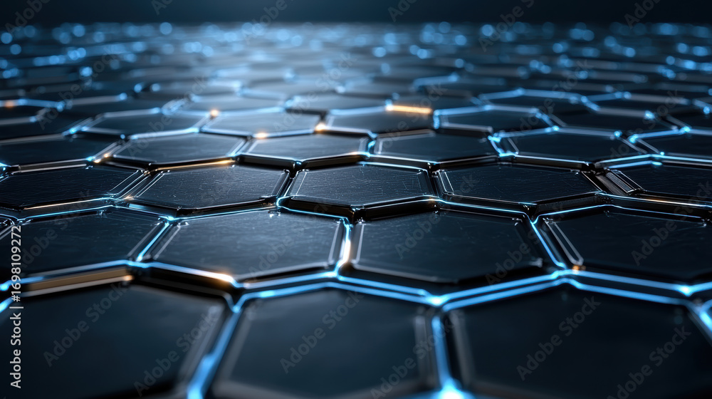 Obraz premium Futuristic hexagonal pattern with metallic surface and glowing edges creates captivating visual
