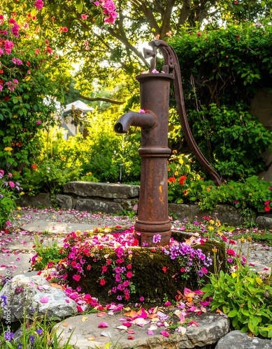 Ornate garden pump surrounded by flowers