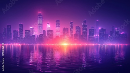 Neon cityscape at night  reflecting on water. Use website banner