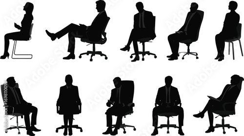 Business professionals silhouette set, seated office workers, using laptops, working, thinking, relaxing, corporate meeting poses, productivity, teamwork, communication.