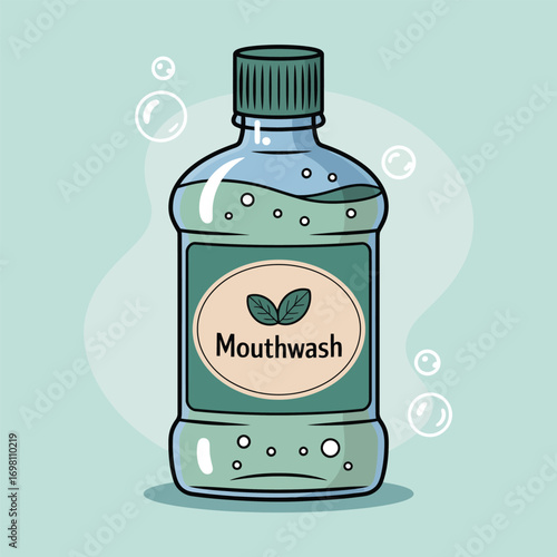 Green Mouthwash Bottle with Bubbles and Abstract Background liquid hygiene