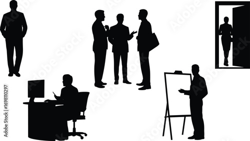 Businessmen silhouettes in office settings, teamwork, leadership, presentation, collaboration, corporate discussion, decision-making, strategy planning, modern workplace, success.