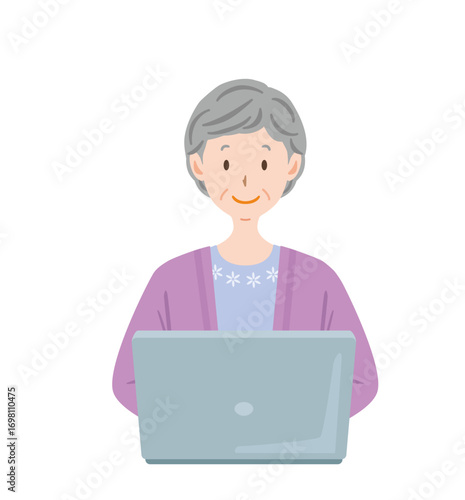 パソコンを使う高齢者のイラスト　シニア女性