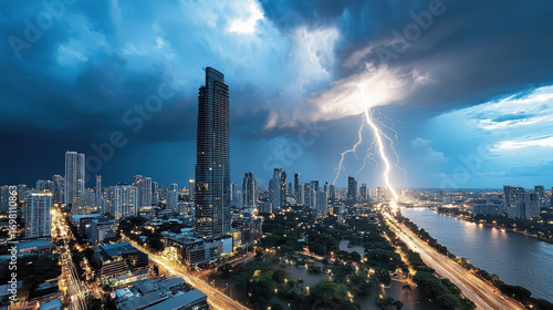 Fototapeta Naklejka Na Ścianę i Meble -  Dramatic lightning storm over city skyline with dark clouds and illuminated buildings