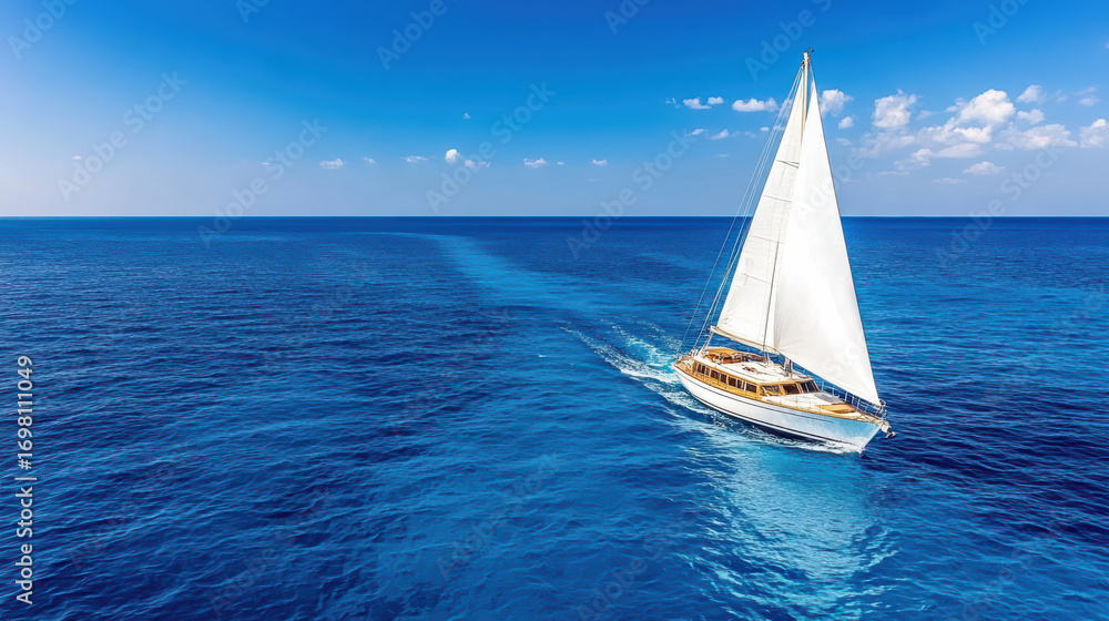 Fototapeta premium Sailing yacht gliding through clear blue ocean waters under bright sky
