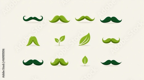 Stylish green mustaches and leaves in various designs.