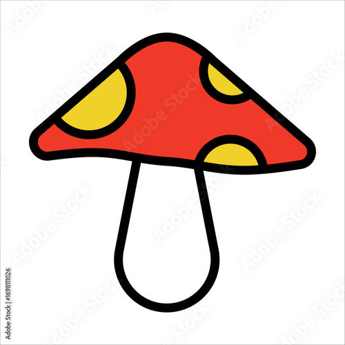 A stylized illustration of a red mushroom with yellow spots and a thick black outline, isolated on a white background.