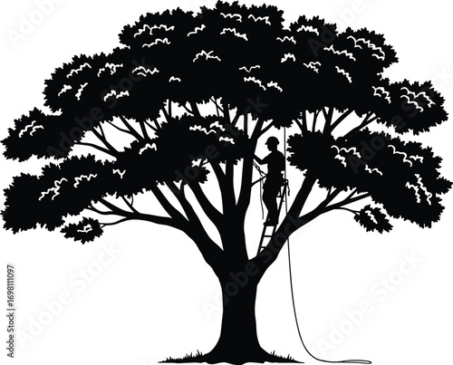 Man pruning large tree with ladder, climbing gear, rope, silhouette style, arborist working outdoors, tree maintenance, forest care, safety.